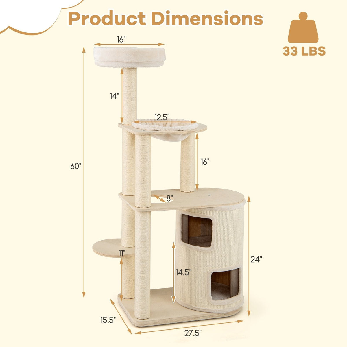 60 Inch Cat Tree with a Two Storey Condo, Bamboo Lining and Seven Sisal Posts
