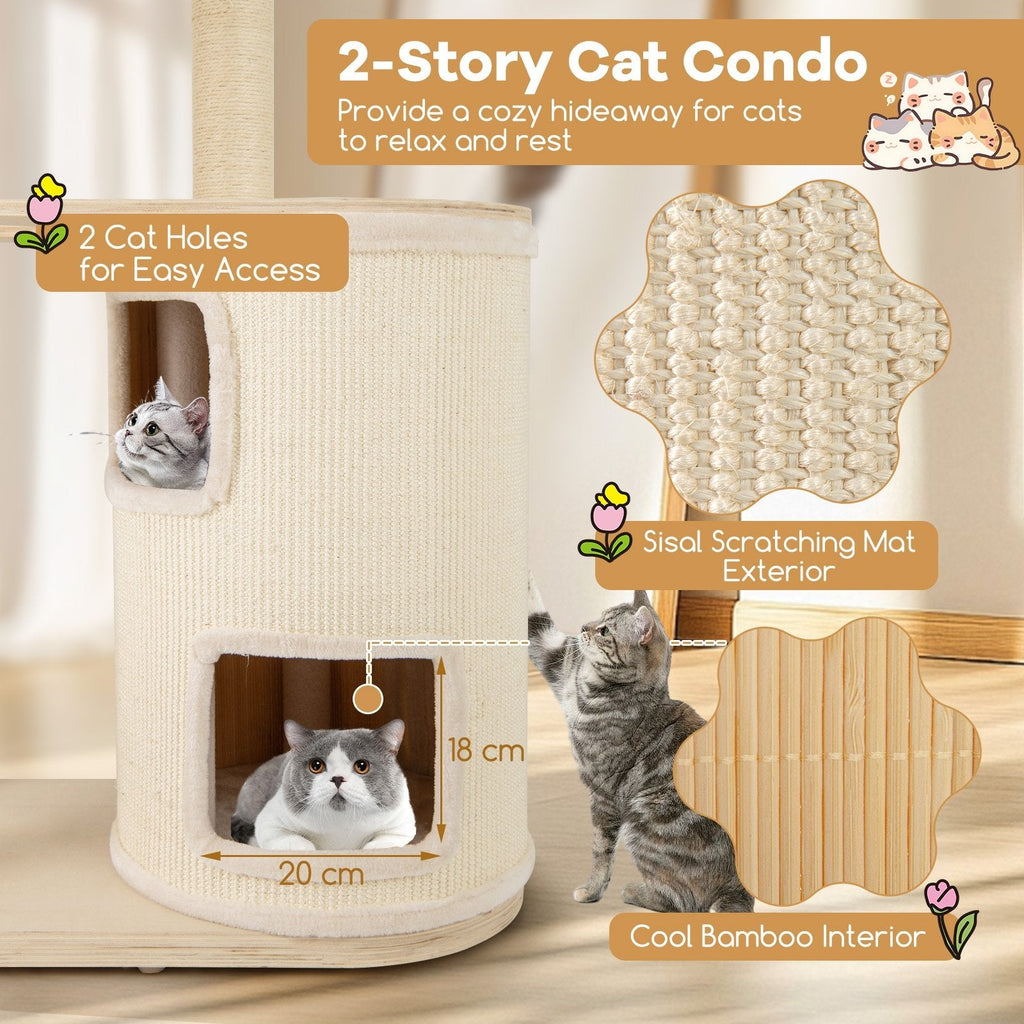 60 Inch Cat Tree with a Two Storey Condo, Bamboo Lining and Seven Sisal Posts