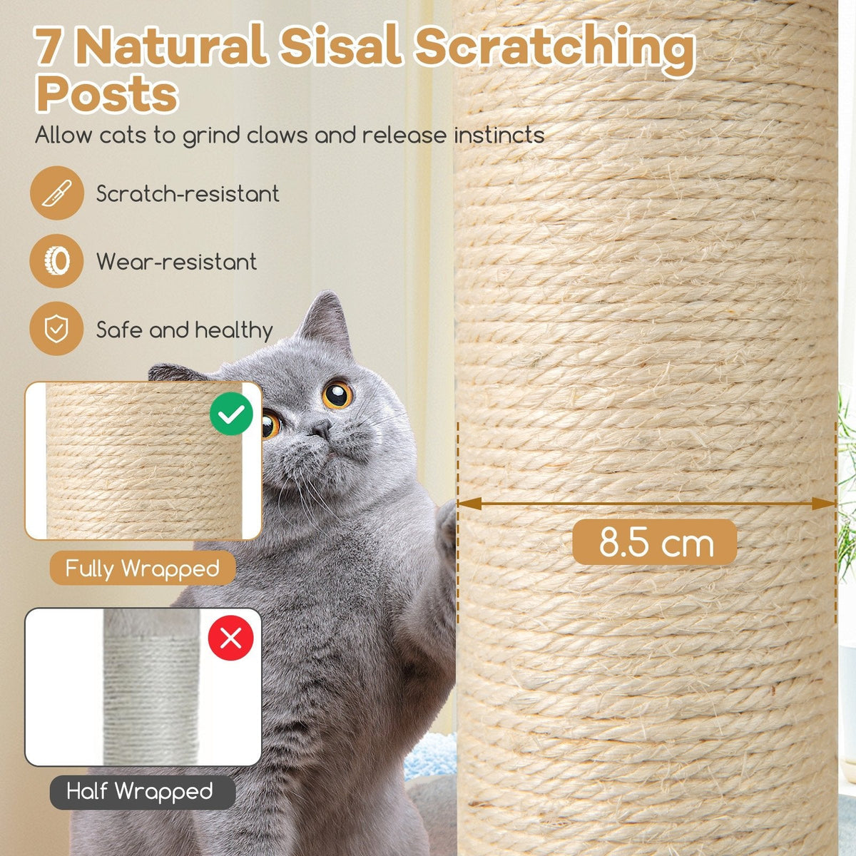 60 Inch Cat Tree with a Two Storey Condo, Bamboo Lining and Seven Sisal Posts