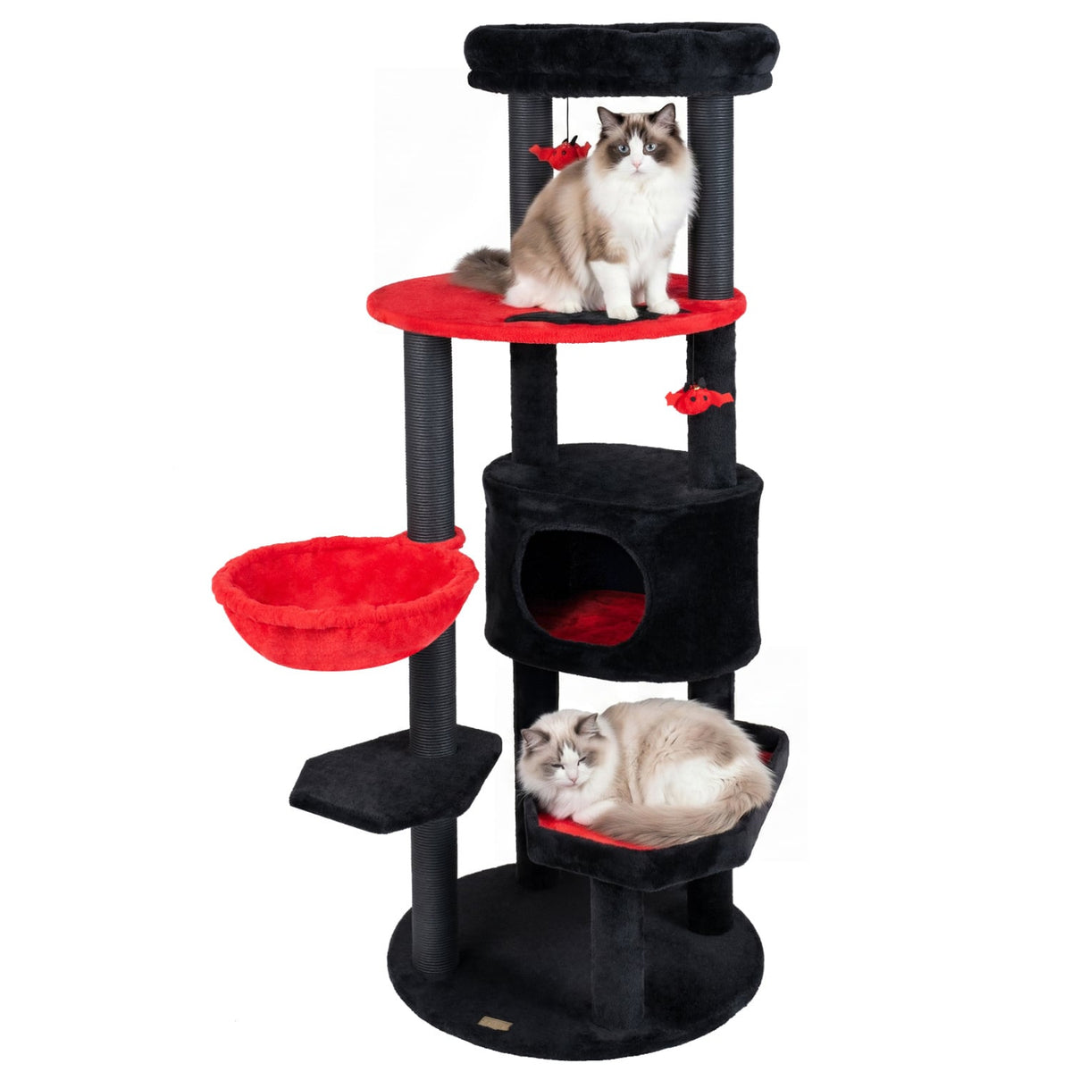 60 Inch Black and Red Cat Tower with Coffin Bed, Spider Toys and Hammock
