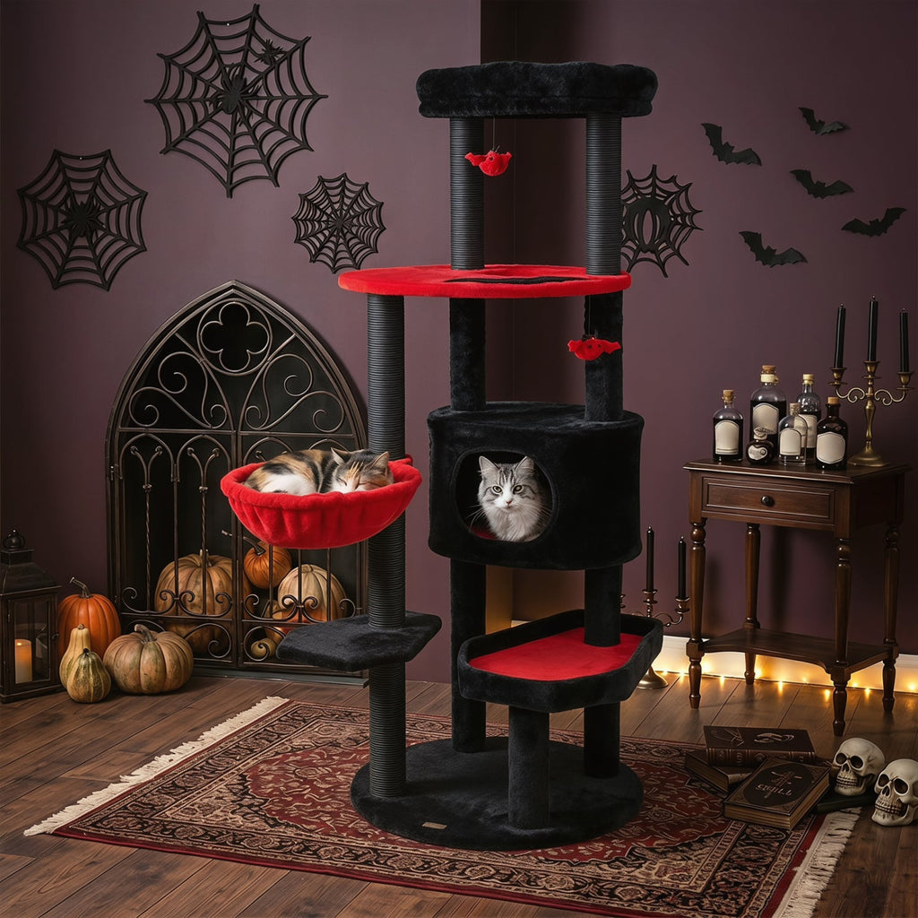 60 Inch Black and Red Cat Tower with Coffin Bed, Spider Toys and Hammock