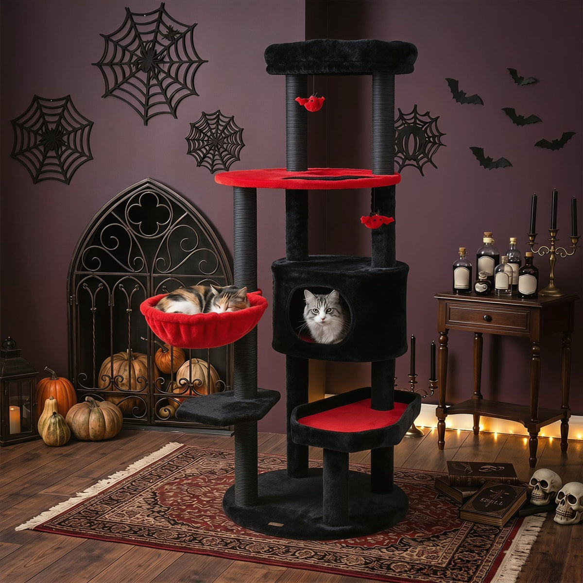 60 Inch Black and Red Cat Tower with Coffin Bed, Spider Toys and Hammock