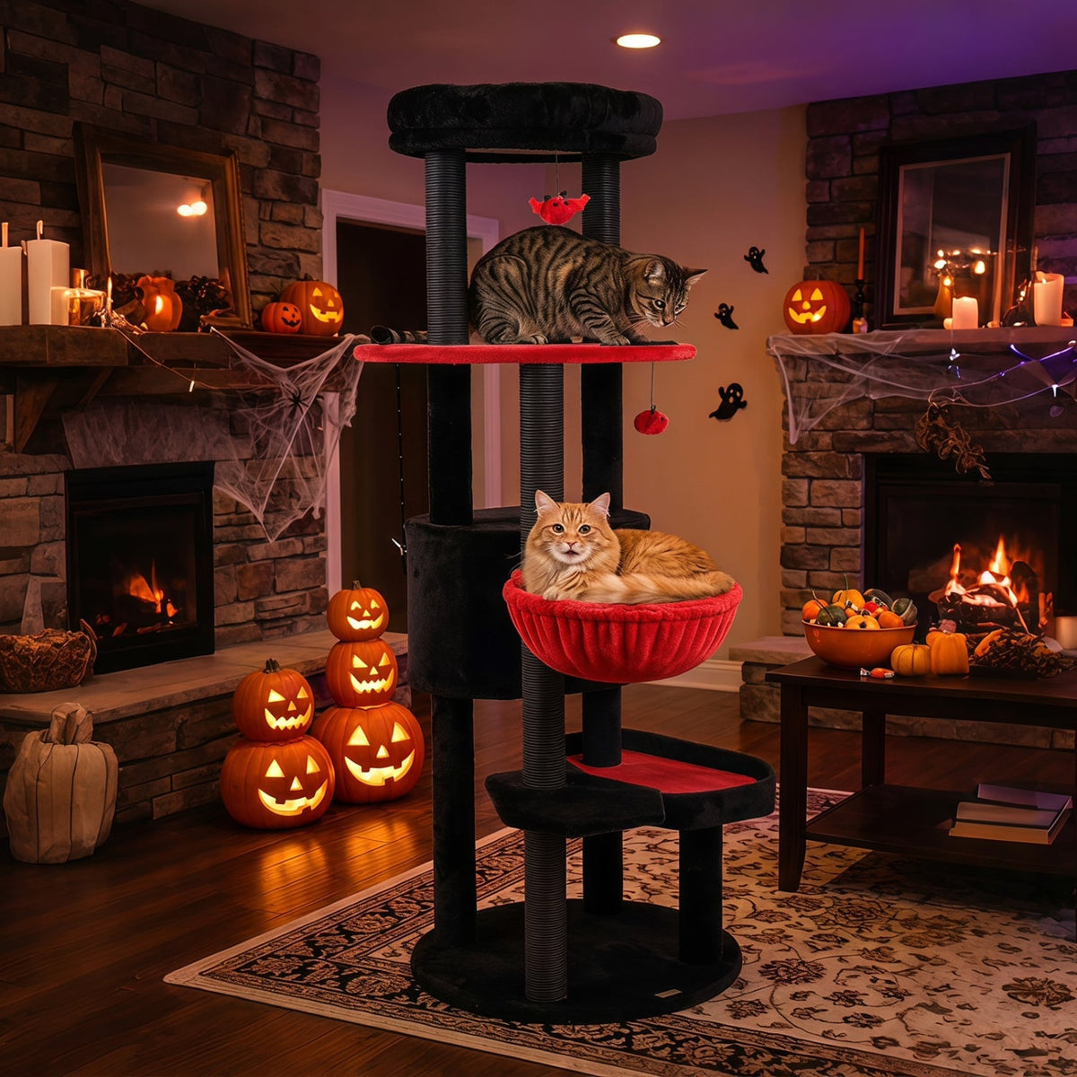 60 Inch Black and Red Cat Tower with Coffin Bed, Spider Toys and Hammock