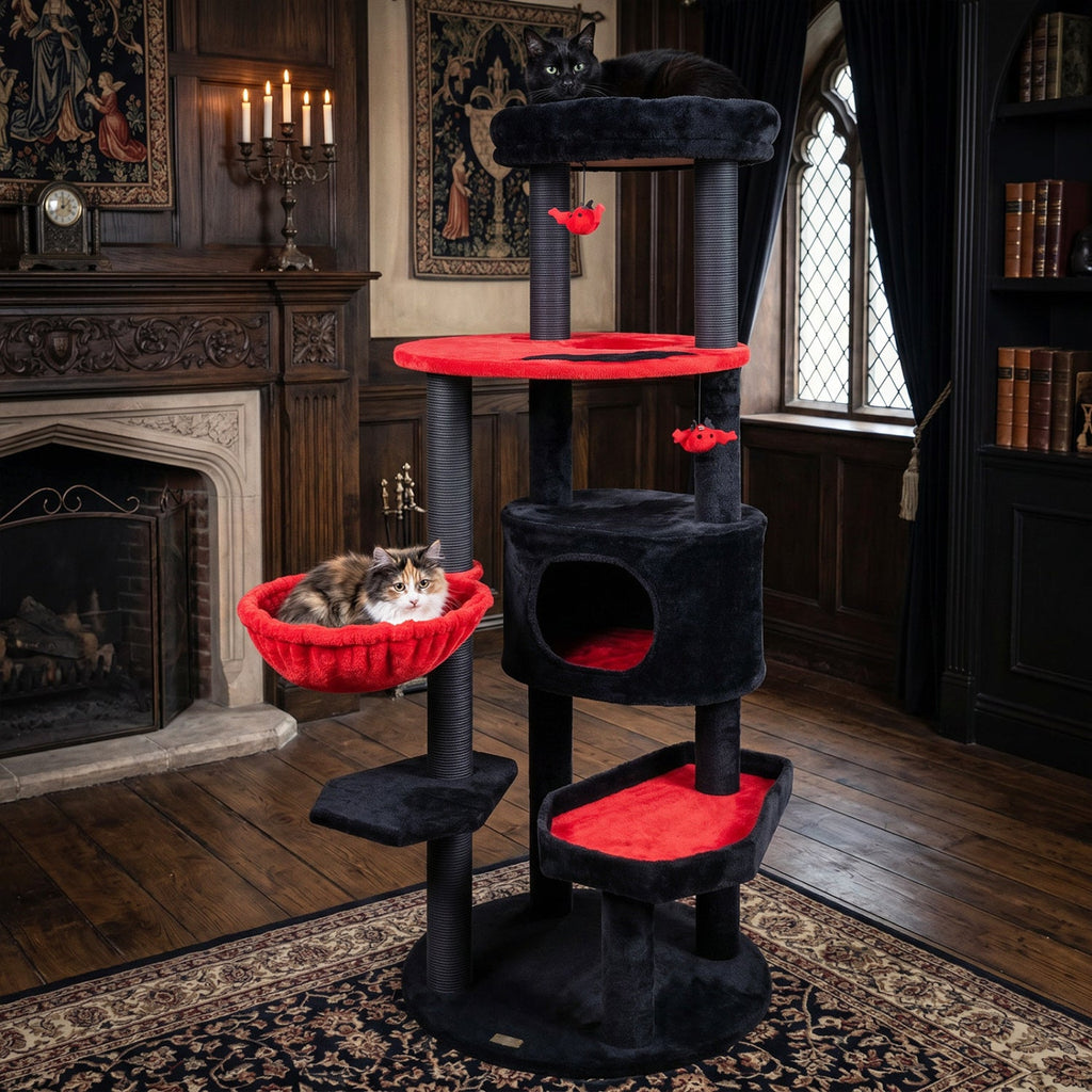 60 Inch Black and Red Cat Tower with Coffin Bed, Spider Toys and Hammock