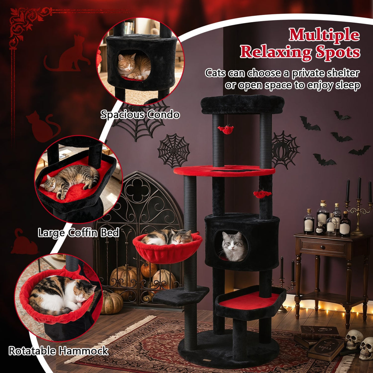 60 Inch Black and Red Cat Tower with Coffin Bed, Spider Toys and Hammock
