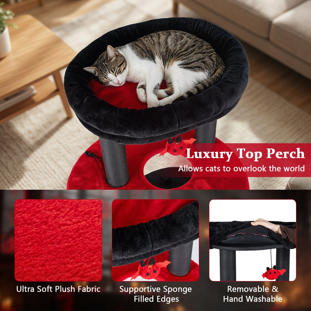60 Inch Black and Red Cat Tower with Coffin Bed, Spider Toys and Hammock