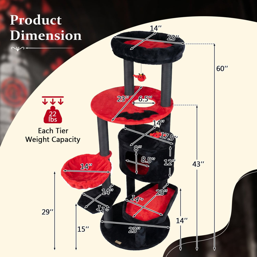 60 Inch Black and Red Cat Tower with Coffin Bed, Spider Toys and Hammock
