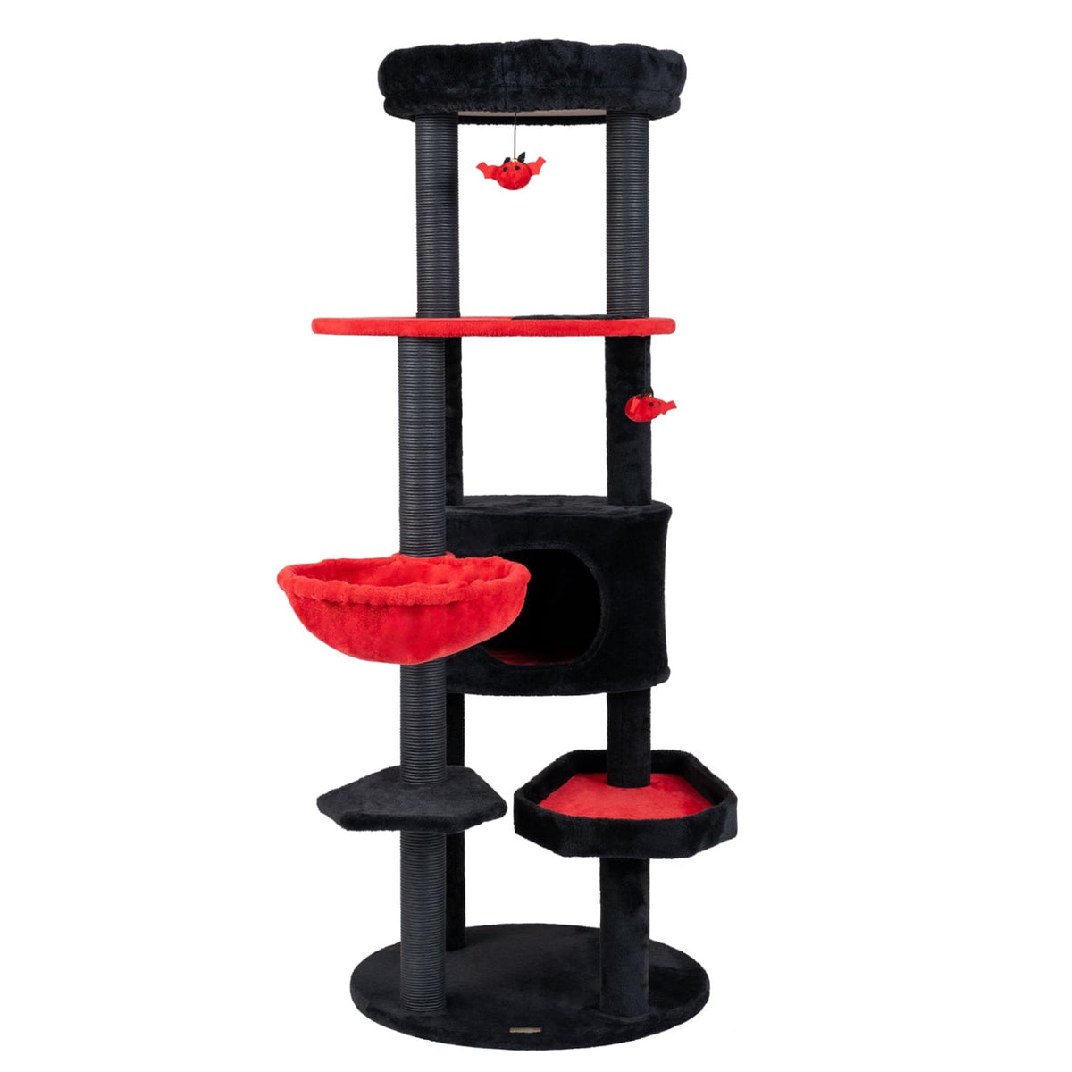 60 Inch Black and Red Cat Tower with Coffin Bed, Spider Toys and Hammock