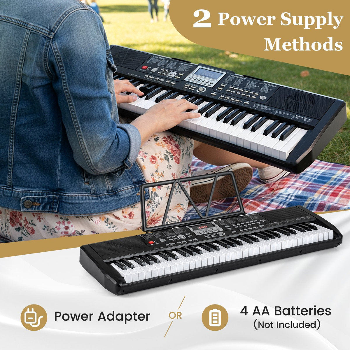 61 Keys Beginners Piano Keyboard Electric Keyboard Kit with Adjustable Stand and Stool-Black