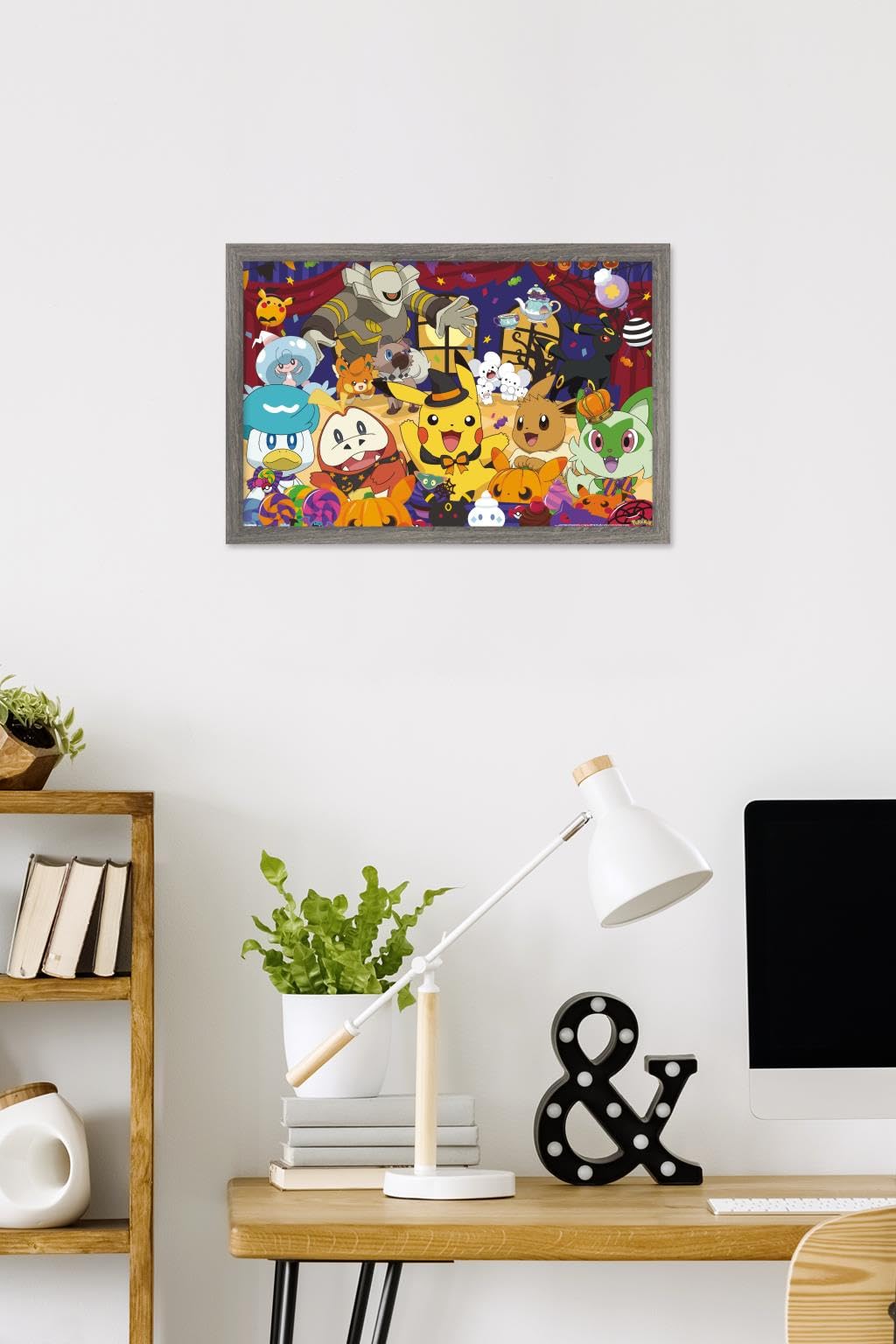 Pokémon: Halloween Party- Group Wall Poster, 22.4L" x 14.7W", Barnwood Framed Version
