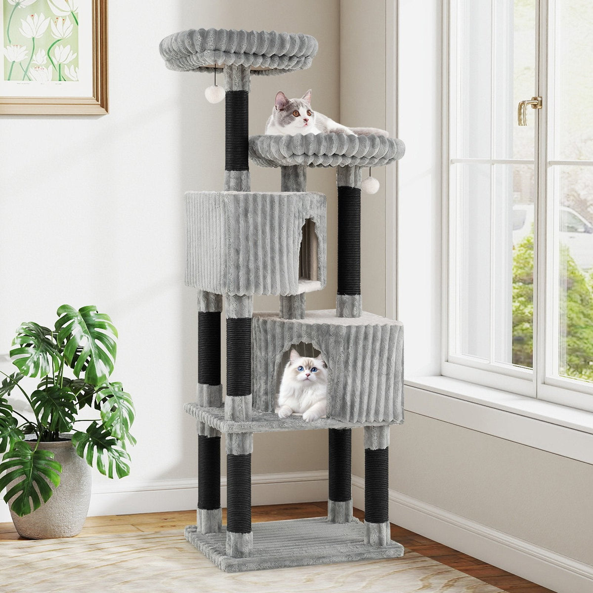 62 Inch Ribbed Flannel Cat Tower with Two Perches and Two Staggered Condos