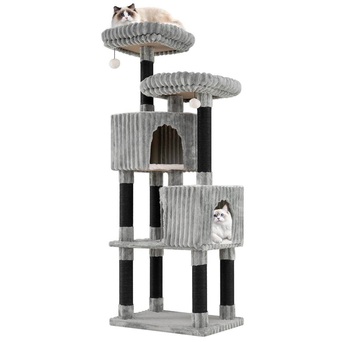 62 Inch Ribbed Flannel Cat Tower with Two Perches and Two Staggered Condos