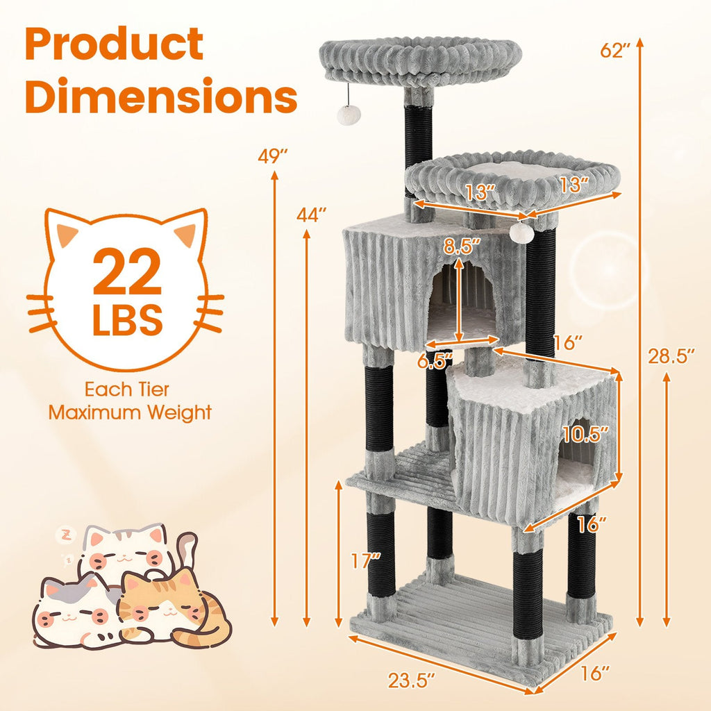 62 Inch Ribbed Flannel Cat Tower with Two Perches and Two Staggered Condos