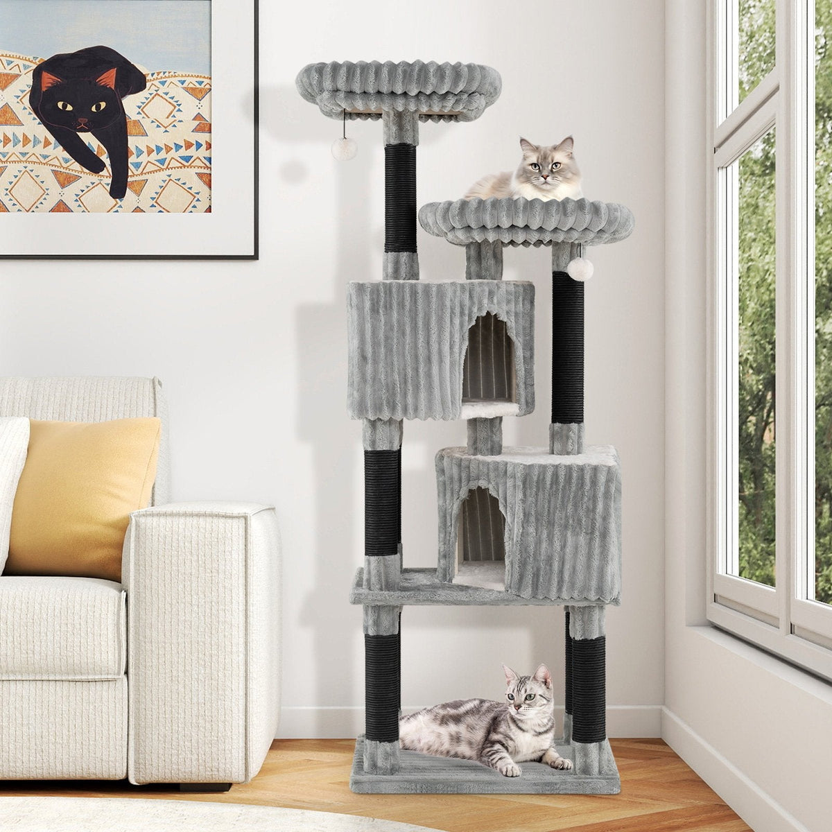 62 Inch Ribbed Flannel Cat Tower with Two Perches and Two Staggered Condos