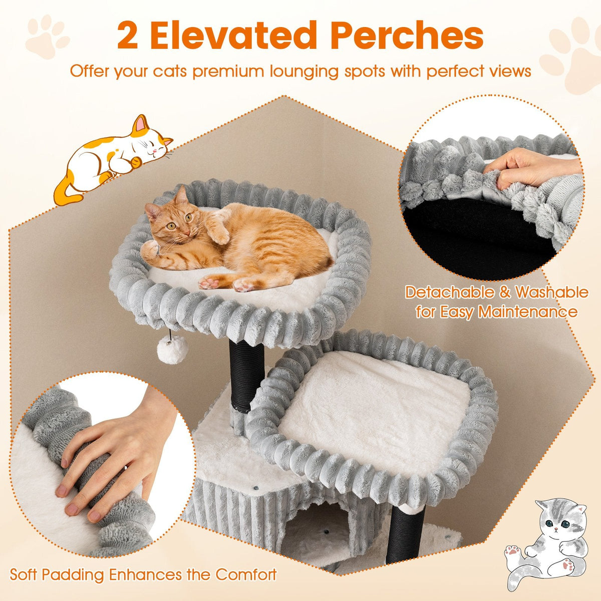 62 Inch Ribbed Flannel Cat Tower with Two Perches and Two Staggered Condos