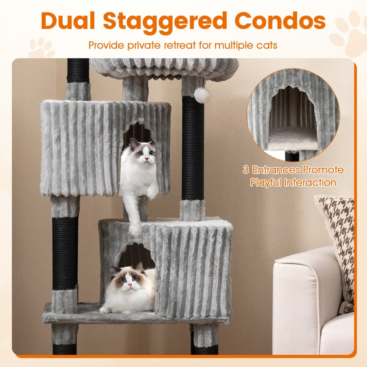 62 Inch Ribbed Flannel Cat Tower with Two Perches and Two Staggered Condos