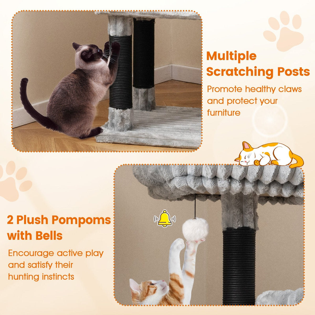 62 Inch Ribbed Flannel Cat Tower with Two Perches and Two Staggered Condos