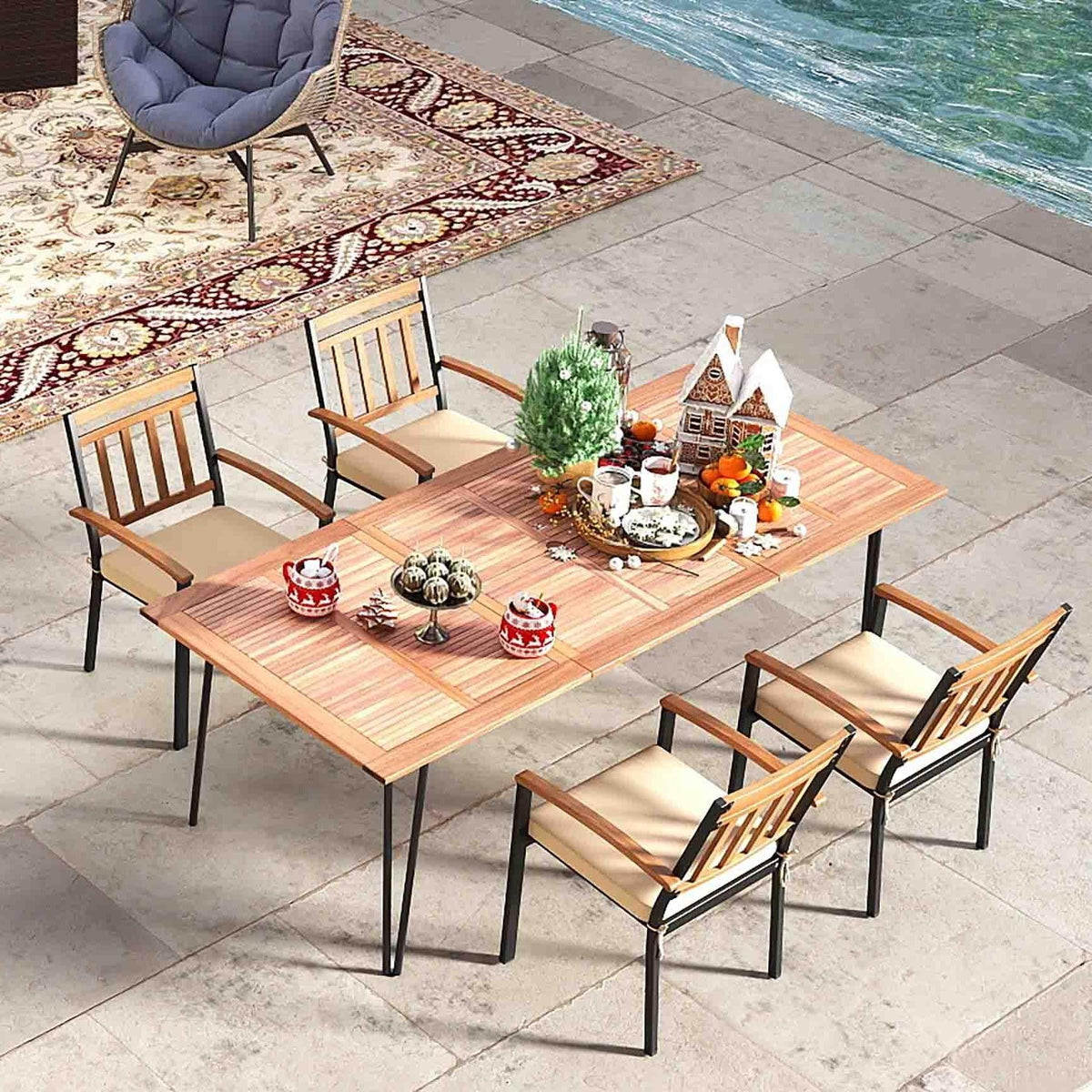 5 Piece Patio Dining Set, 63 by 37.5 Inch Acacia Topped Table with 2 Inch Umbrella Hole and 4 Cushioned Armchairs