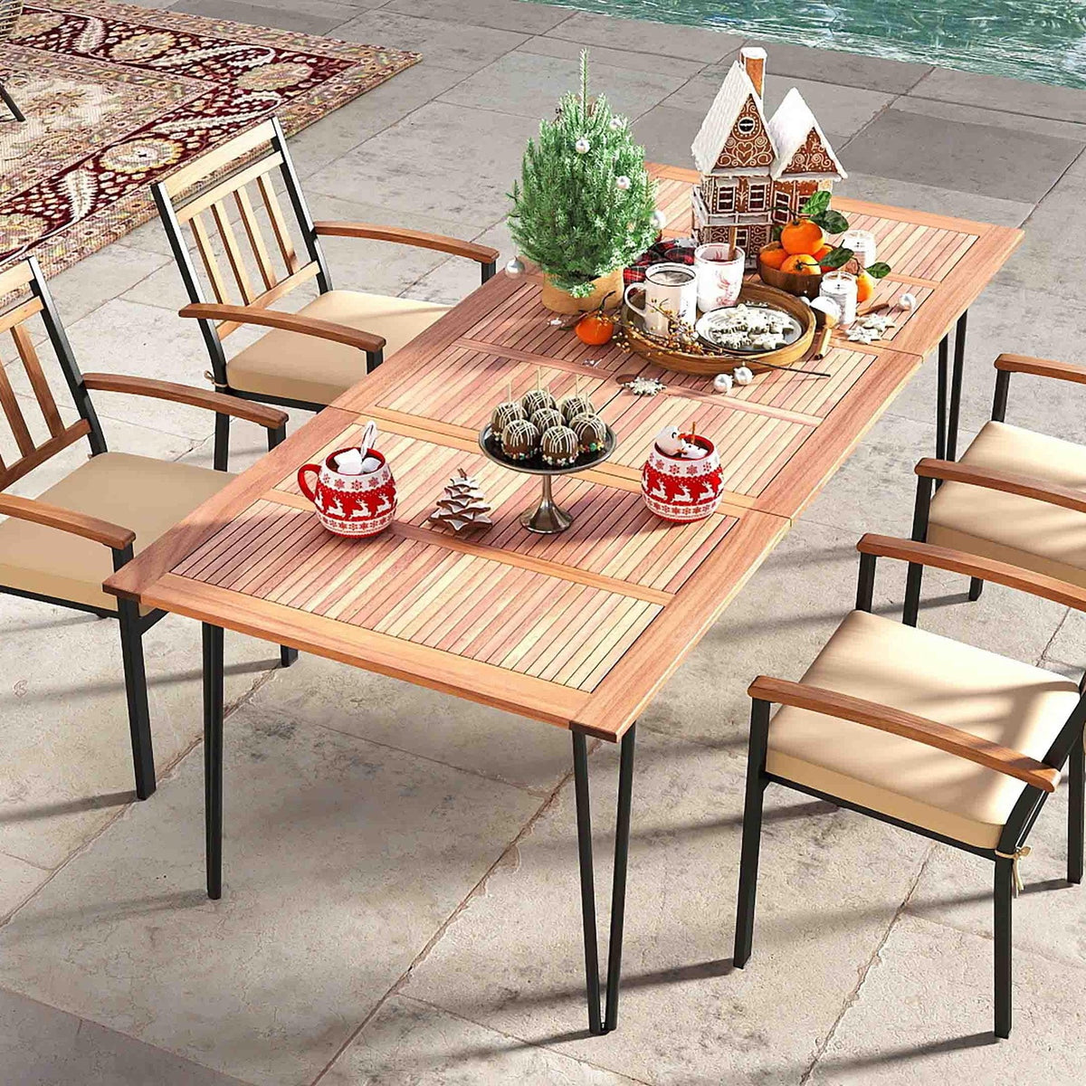 5 Piece Patio Dining Set, 63 by 37.5 Inch Acacia Topped Table with 2 Inch Umbrella Hole and 4 Cushioned Armchairs
