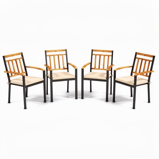 5 Piece Patio Dining Set, 63 by 37.5 Inch Acacia Topped Table with 2 Inch Umbrella Hole and 4 Cushioned Armchairs