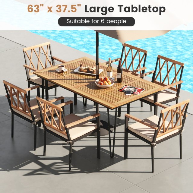 5 Piece Patio Dining Set, 63 by 37.5 Inch Acacia Topped Table with 2 Inch Umbrella Hole and 4 Cushioned Armchairs