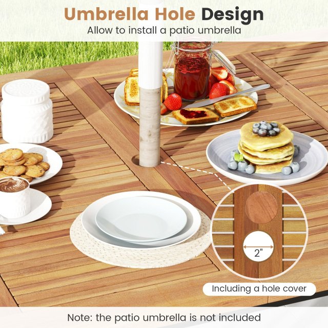 5 Piece Patio Dining Set, 63 by 37.5 Inch Acacia Topped Table with 2 Inch Umbrella Hole and 4 Cushioned Armchairs