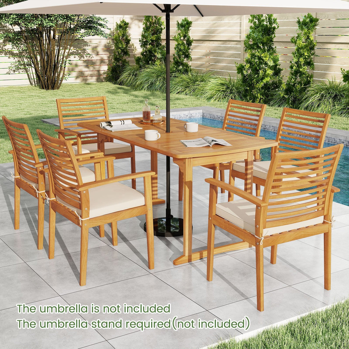 63 inch Outdoor Dining Table with Umbrella Hole and Slatted Tabletop