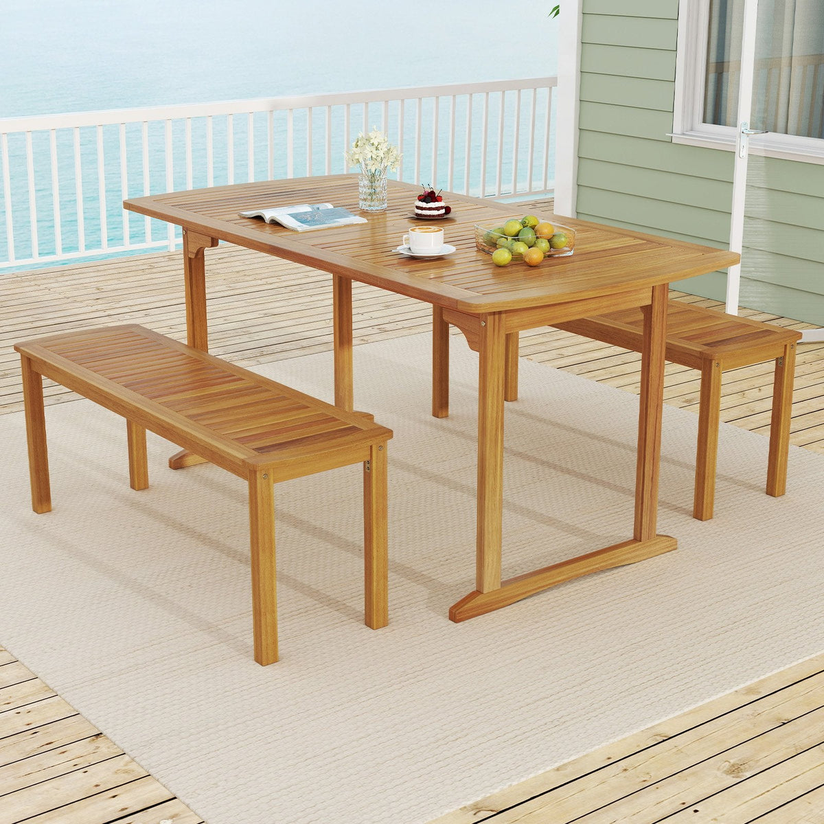 63 inch Outdoor Dining Table with Umbrella Hole and Slatted Tabletop