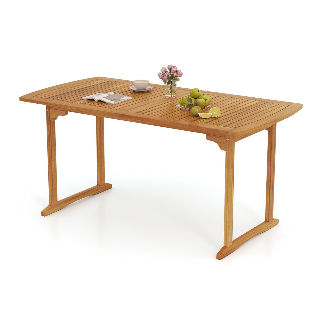 63 inch Outdoor Dining Table with Umbrella Hole and Slatted Tabletop