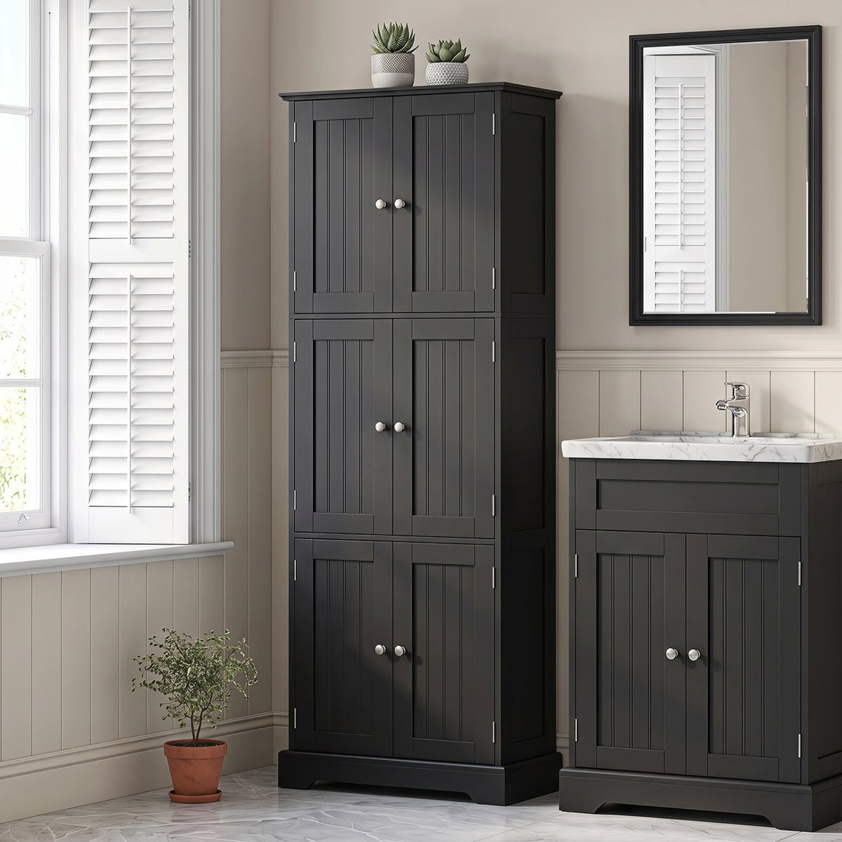 63 Inch Tall Bathroom Storage Cabinet with 6 Doors and Adjustable Shelves-Black