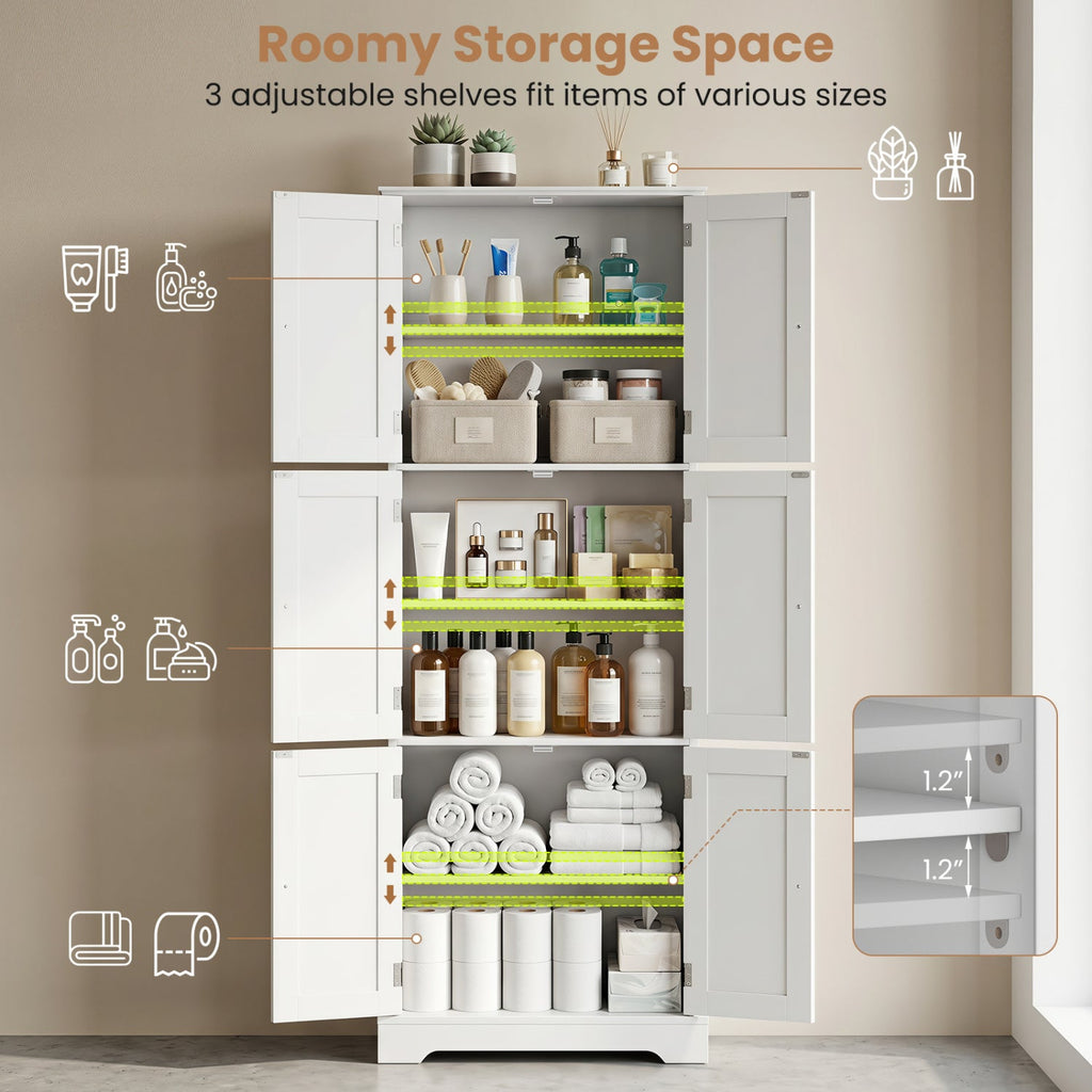 63 Inch Tall Bathroom Storage Cabinet with 6 Doors and Adjustable Shelves-White