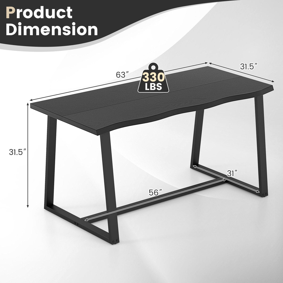 63 inches Large Dining Table with Wavy Edge and Heavy-duty Metal Frame-Black