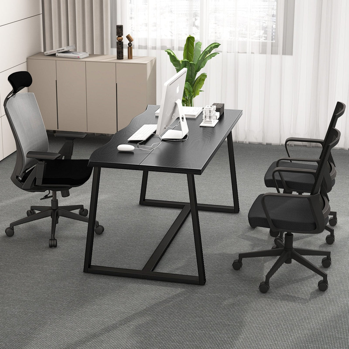 63 inches Large Dining Table with Wavy Edge and Heavy-duty Metal Frame-Black