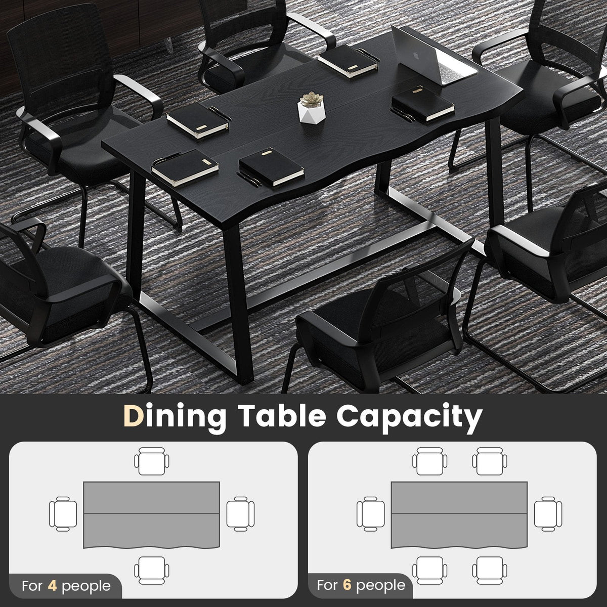 63 inches Large Dining Table with Wavy Edge and Heavy-duty Metal Frame-Black