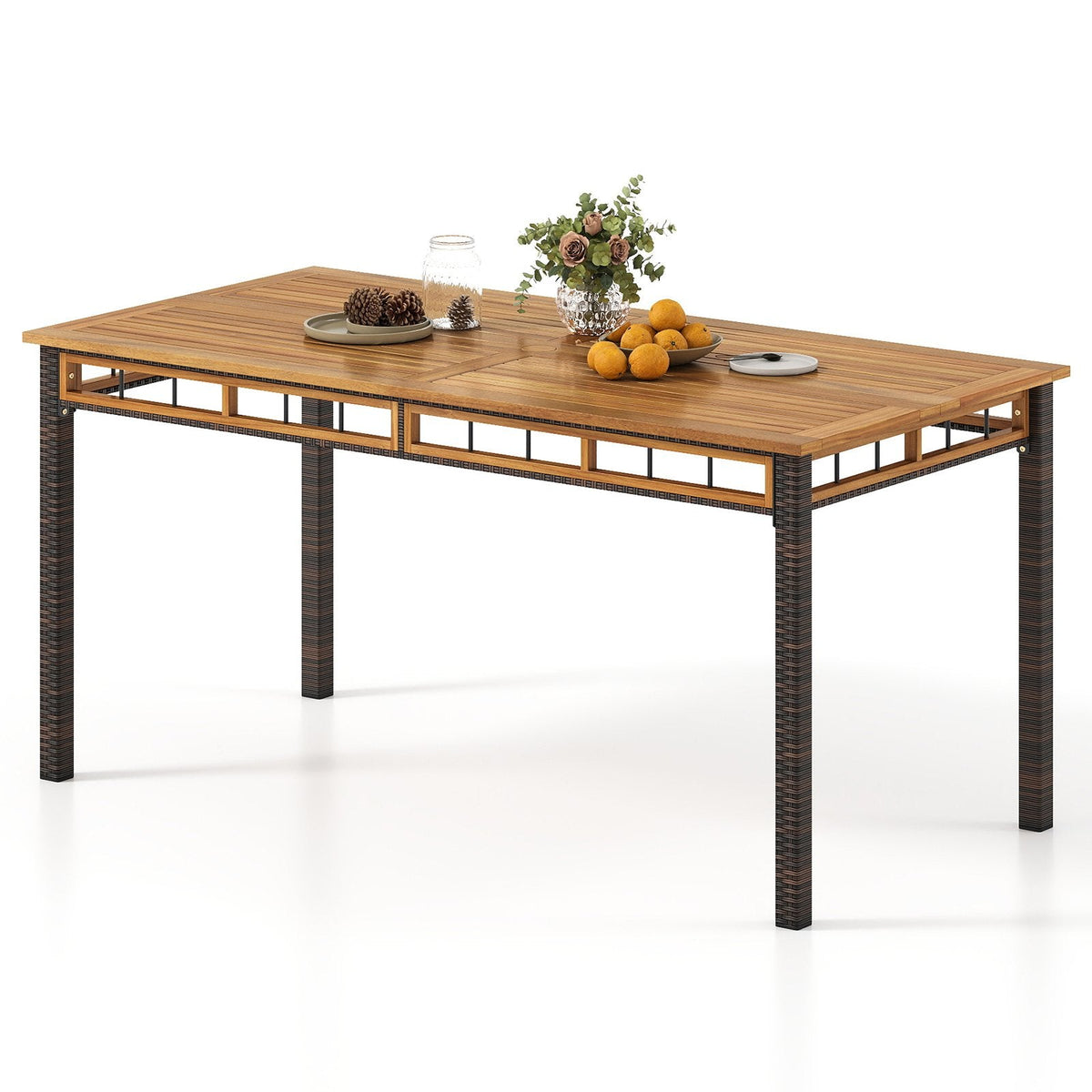 63 inches Outdoor Dining Table with Acacia Wood Slatted Tabletop