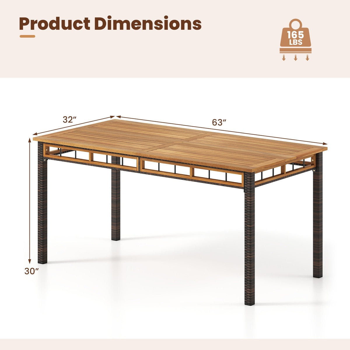 63 inches Outdoor Dining Table with Acacia Wood Slatted Tabletop