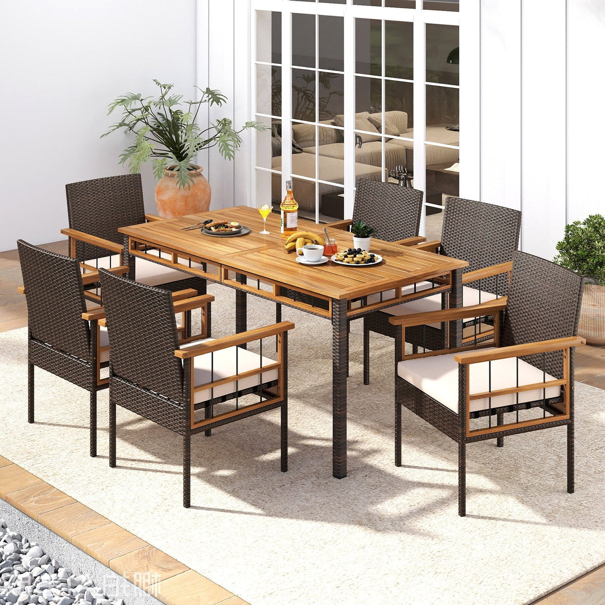 63 inches Outdoor Dining Table with Acacia Wood Slatted Tabletop