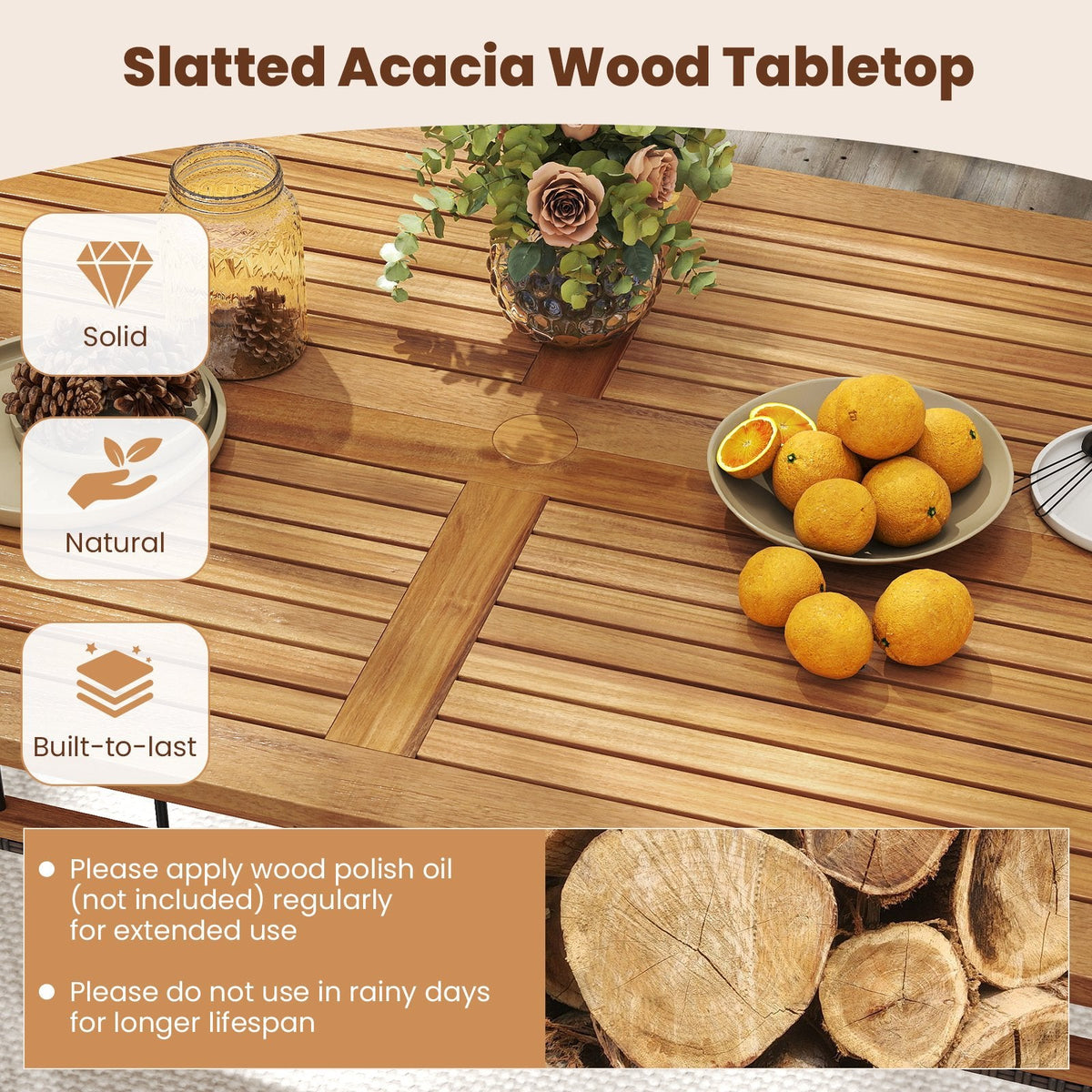 63 inches Outdoor Dining Table with Acacia Wood Slatted Tabletop