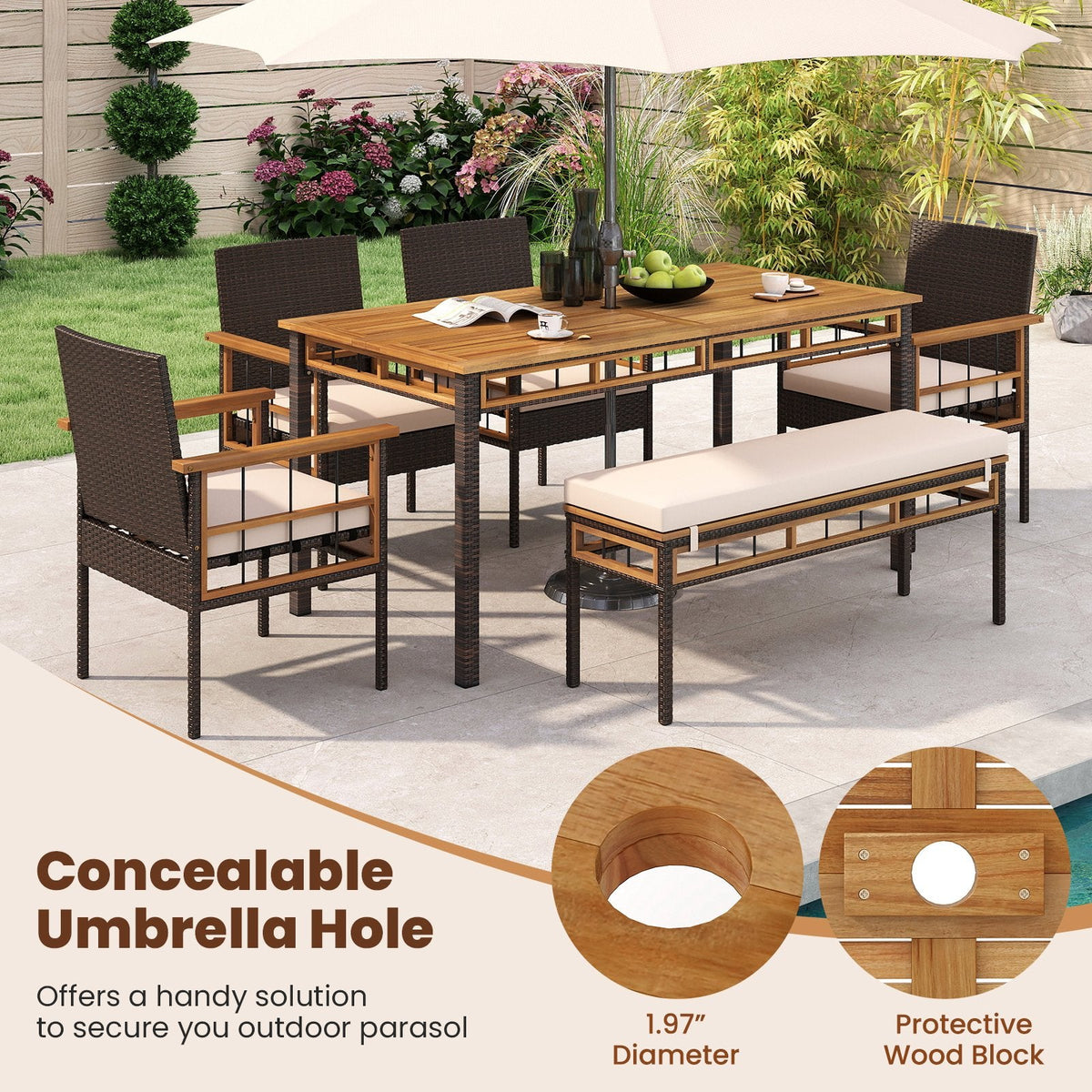 63 inches Outdoor Dining Table with Acacia Wood Slatted Tabletop