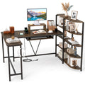 63 inches U-shaped Computer Desk with Power Outlets 5-Tier Bookshelf and Keyboard Tray-Rustic Brown