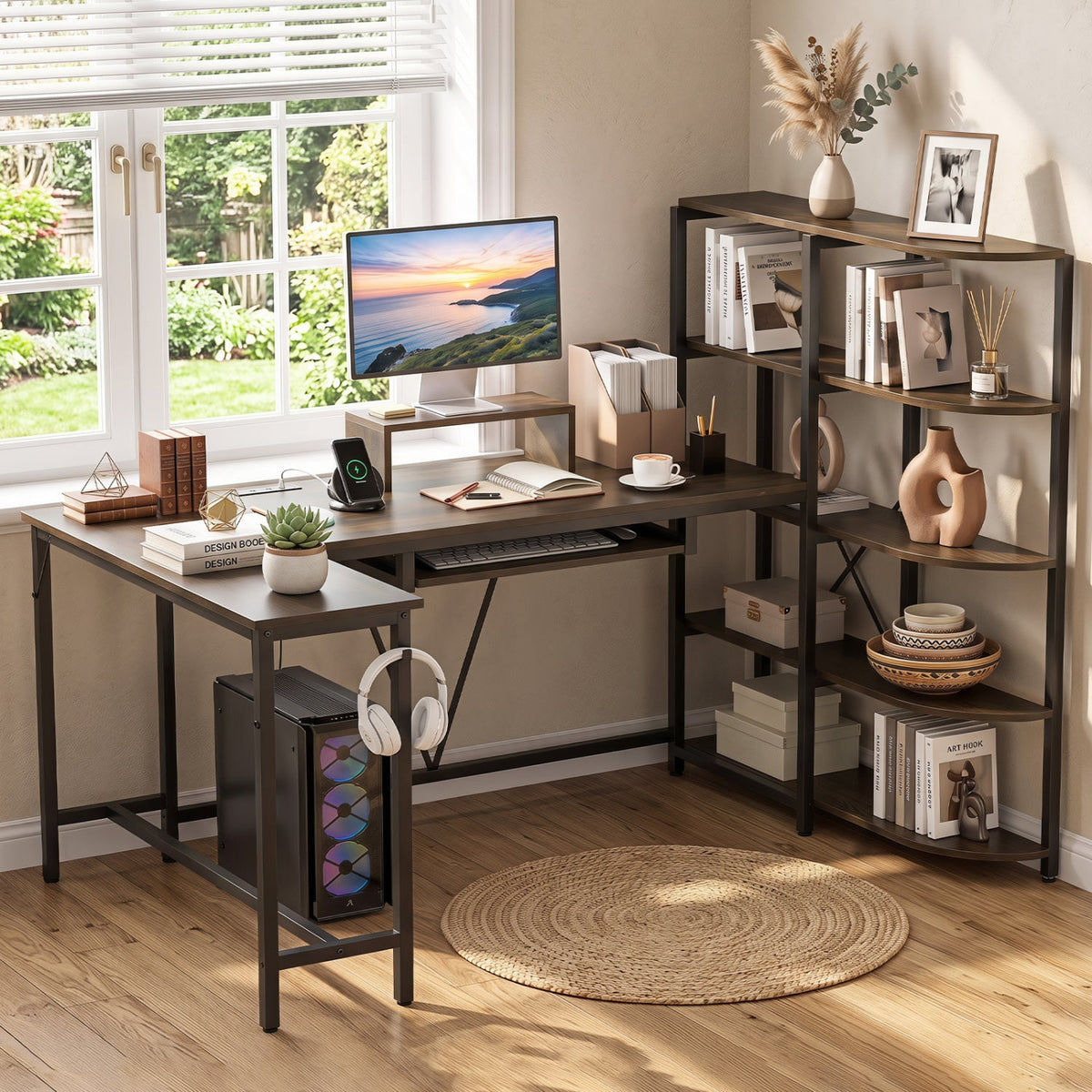 63 inches U-shaped Computer Desk with Power Outlets 5-Tier Bookshelf and Keyboard Tray-Rustic Brown