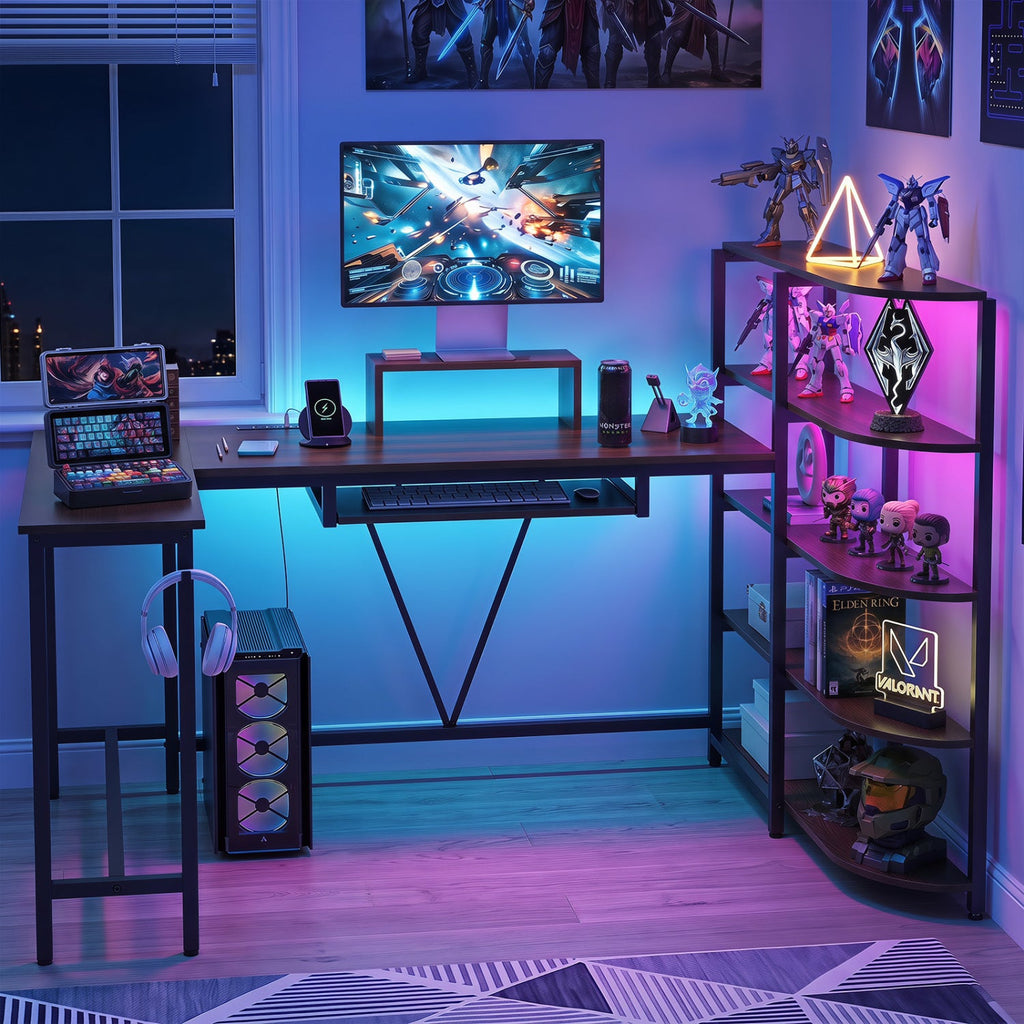 63 inches U-shaped Computer Desk with Power Outlets 5-Tier Bookshelf and Keyboard Tray-Rustic Brown