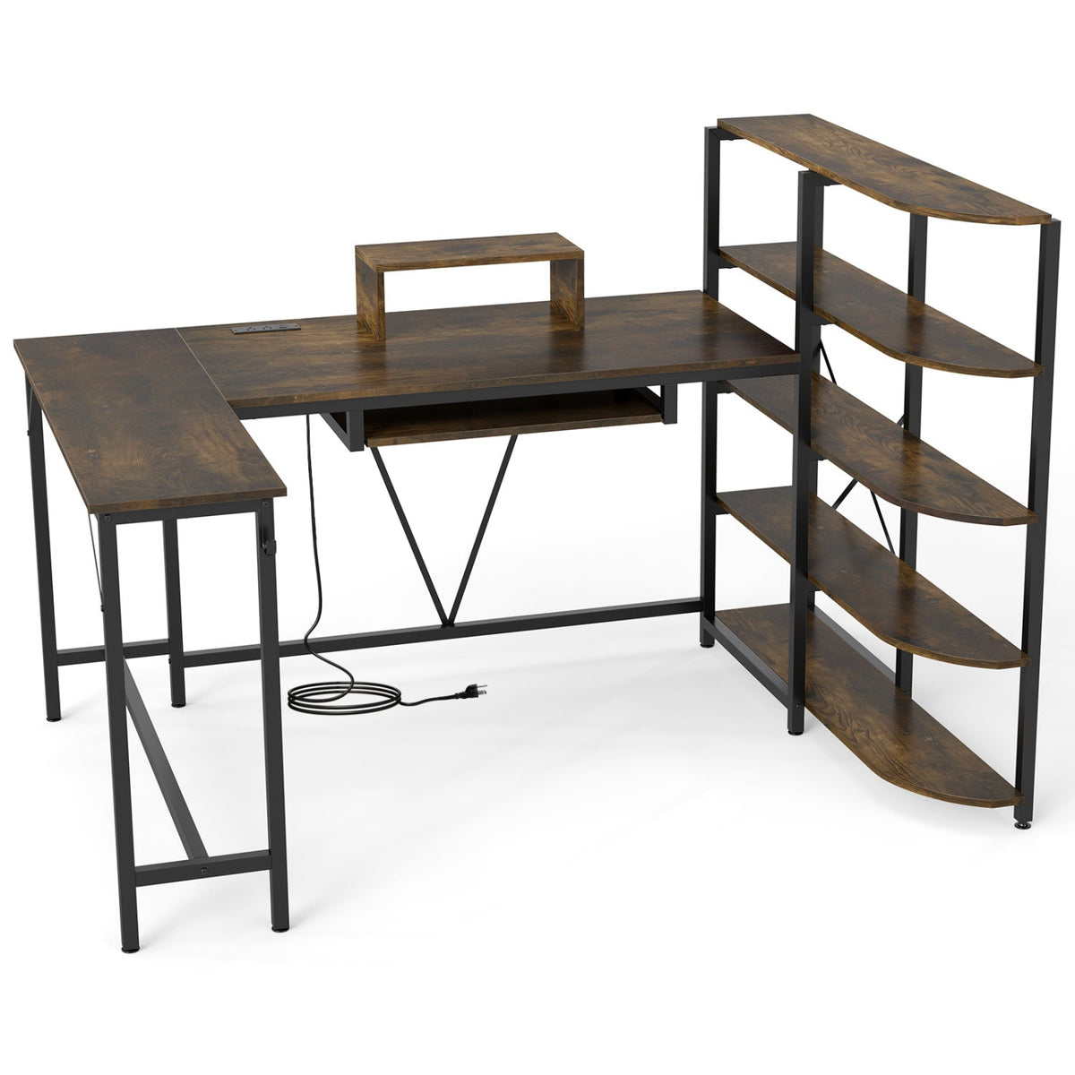 63 inches U-shaped Computer Desk with Power Outlets 5-Tier Bookshelf and Keyboard Tray-Rustic Brown