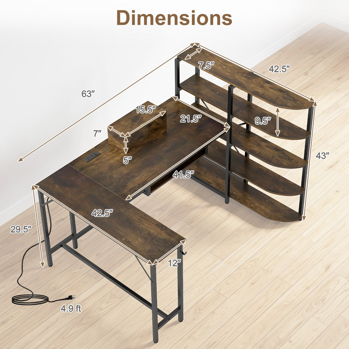 63 inches U-shaped Computer Desk with Power Outlets 5-Tier Bookshelf and Keyboard Tray-Rustic Brown