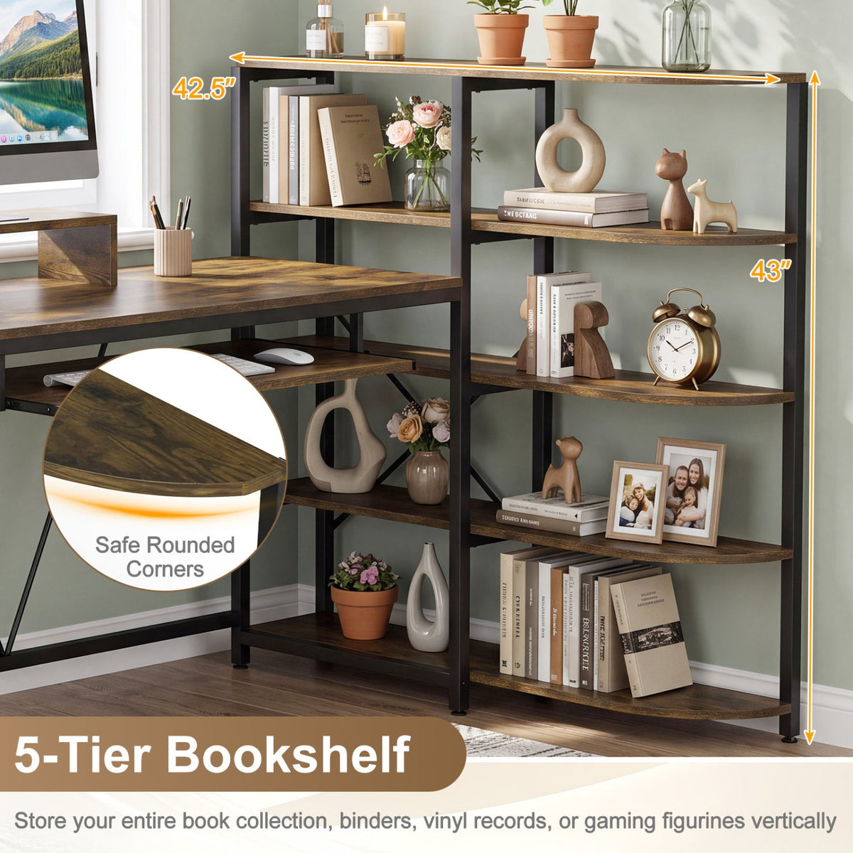 63 inches U-shaped Computer Desk with Power Outlets 5-Tier Bookshelf and Keyboard Tray-Rustic Brown