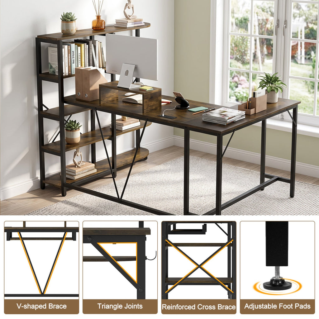 63 inches U-shaped Computer Desk with Power Outlets 5-Tier Bookshelf and Keyboard Tray-Rustic Brown