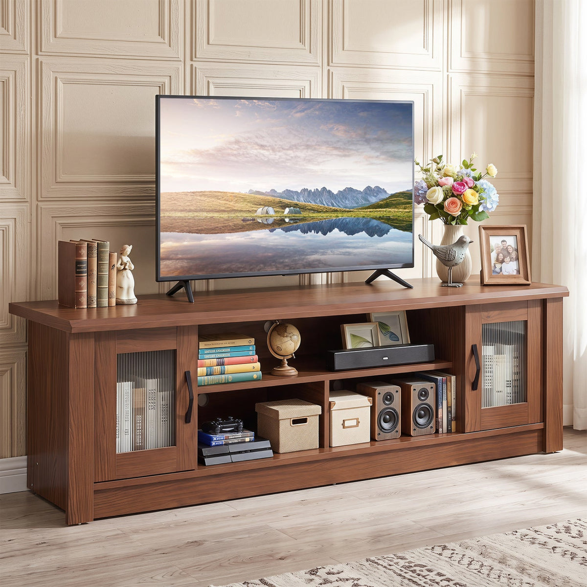 63” Wooden Farmhouse TV Stand for 70 inches TVs with 2 Fluted Doors and 3 Open Compartments-Brown