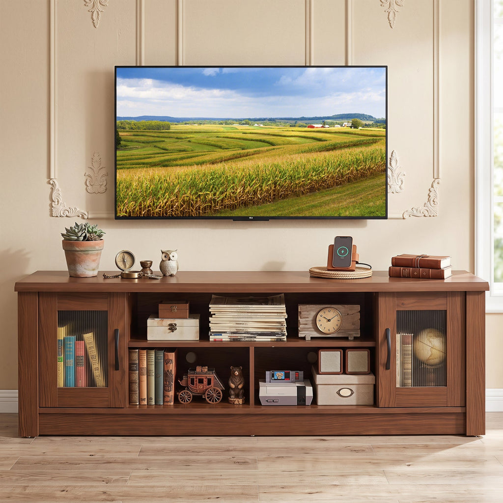 63” Wooden Farmhouse TV Stand for 70 inches TVs with 2 Fluted Doors and 3 Open Compartments-Brown