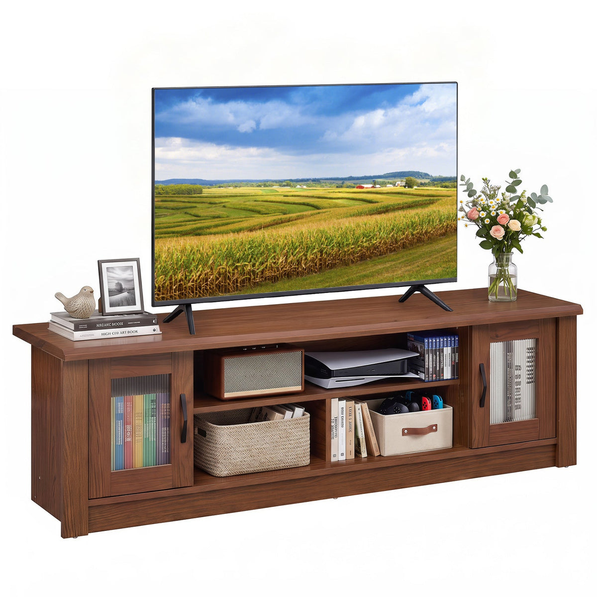 63” Wooden Farmhouse TV Stand for 70 inches TVs with 2 Fluted Doors and 3 Open Compartments-Brown