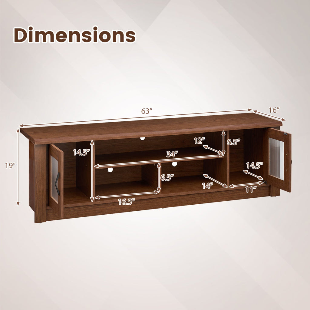 63” Wooden Farmhouse TV Stand for 70 inches TVs with 2 Fluted Doors and 3 Open Compartments-Brown